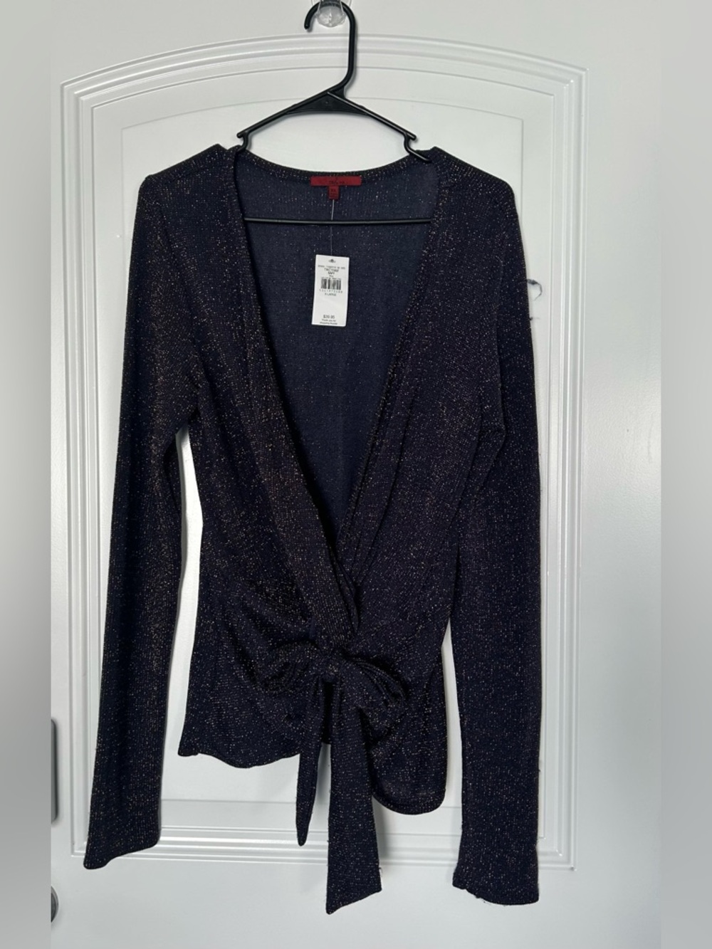 Buckle Sparkle V-neck Tie-Front Long Sleeve Top - Black with Metallic Thread. XL
